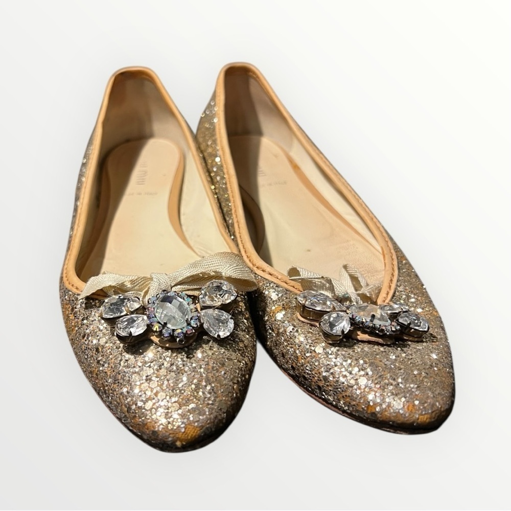 Miu Miu Glitter Ballet Flats with Crystal Bow – Size 39